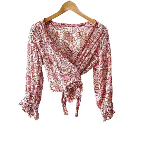 La Belle Ile Saint Barth Flare Sleeve Boho Wrapped Crop Top Small - Picture 2 of 5